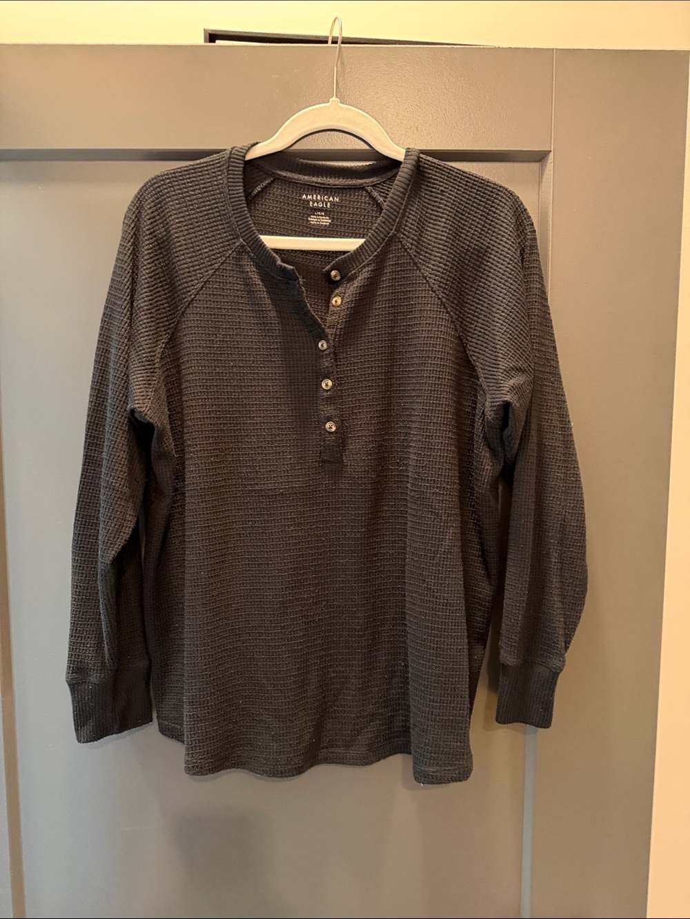 American Eagle Outfitters Black Waffle Henley Long-Sleeve Shirt